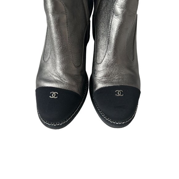 CHANEL Silver and Black Wedge Ankle Boots - Picture 7 of 15